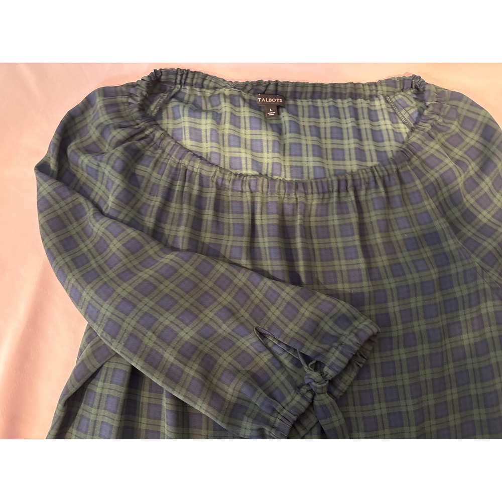 Talbots Womens Green Blue Plaid Off Shoulder Blouse Sz L Career Lightweight - Picture 10 of 10